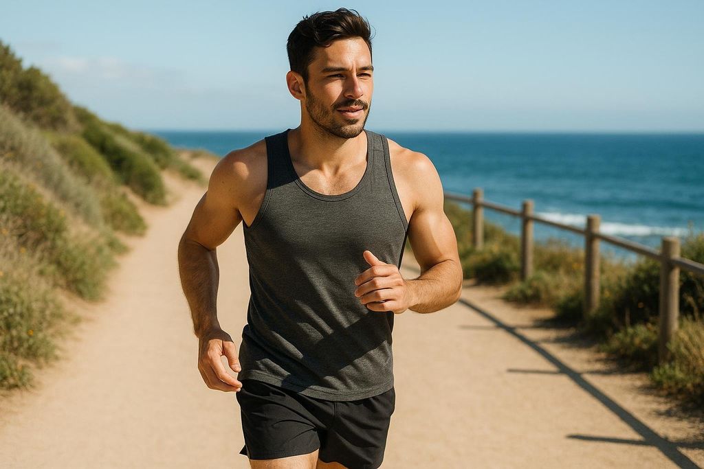 An athletic man with dark hair and a beard, wearing a gray tank top and black shorts, jogs along a sunlit dirt path. The ocean is visible in the background to the right, beyond a low wooden fence and green shrubbery.
