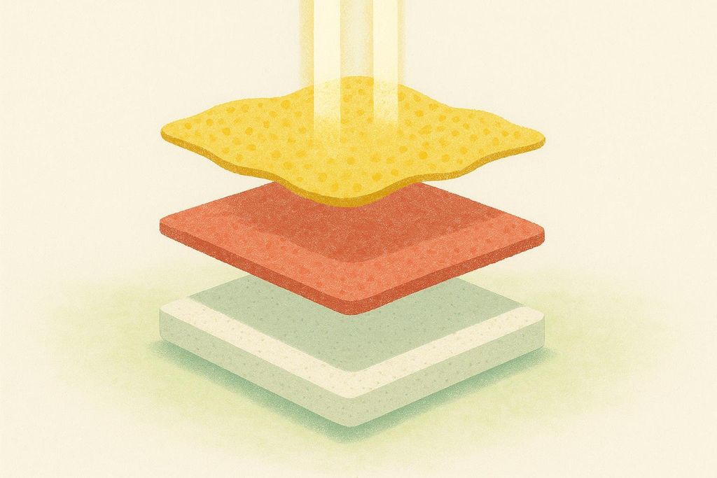 An abstract illustration depicting three distinct layers of biological tissue (yellow, reddish-brown, and light green/white) being penetrated by vertical beams of light or energy waves from above.