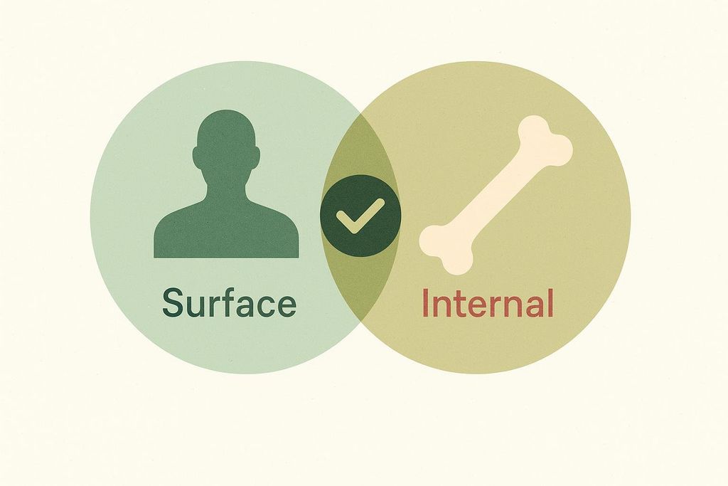 A Venn diagram illustrating the concepts of 'Surface' and 'Internal' scanning methods. The left circle, labeled 'Surface', contains a silhouette of a person. The right circle, labeled 'Internal', features a bone icon. The overlapping section in the middle, representing commonality or intersection, contains a checkmark symbol.