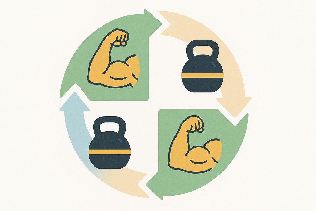 Circular diagram with icons representing different training phases like hypertrophy and strength, illustrating periodization.