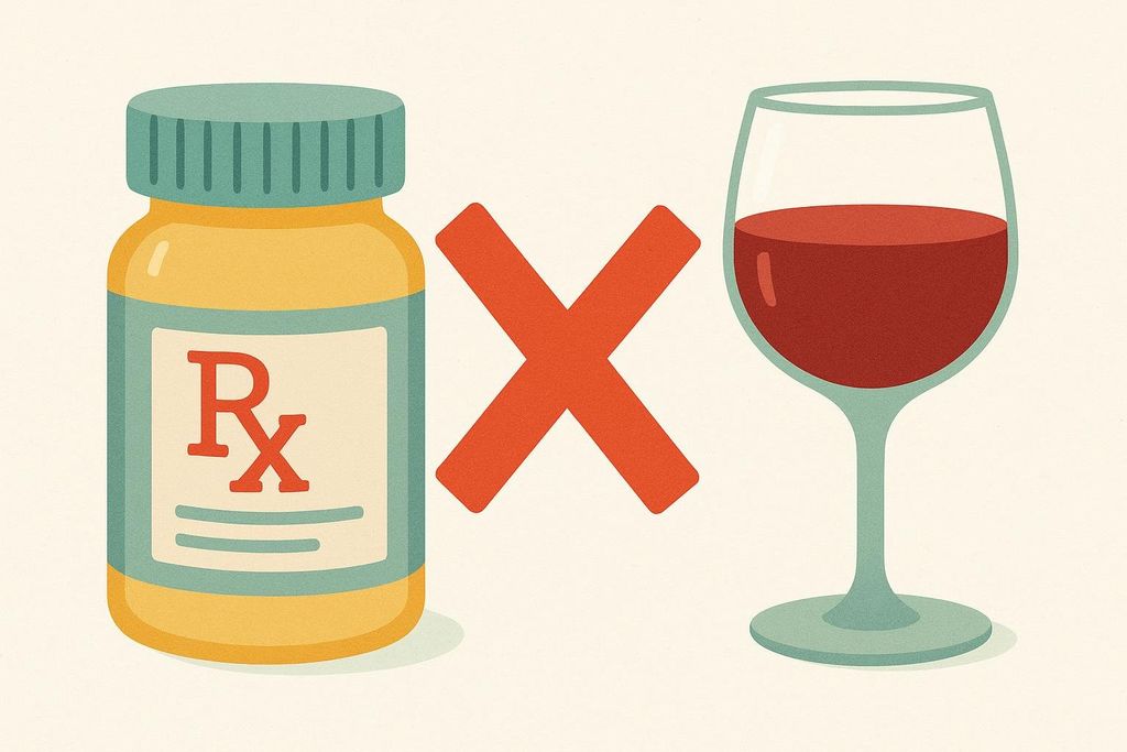 An illustration showing a yellow prescription pill bottle with a red 'Rx' symbol next to a glass of red wine, both crossed out by a large red 'X', indicating a warning against mixing medication and alcohol.