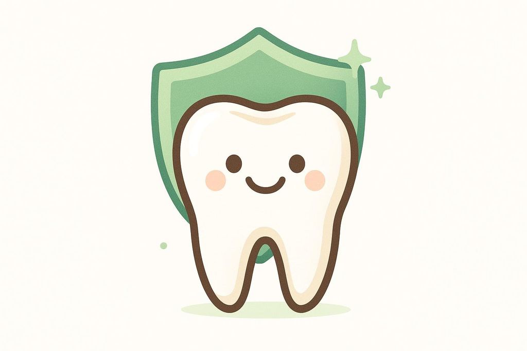A happy tooth icon protected by a green shield with sparkle accents, symbolizing good dental health and protection.