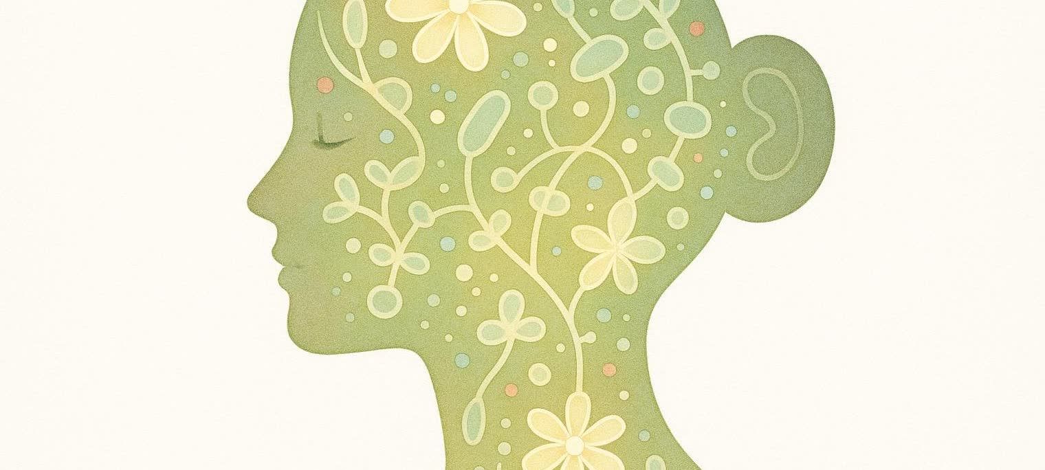 Silhouette of a woman's head and shoulders shown in profile, filled with a light green, yellow, and blue organic pattern featuring glowing floral shapes, vines, and dots.