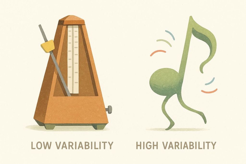 An illustration comparing a metronome, labeled 'LOW VARIABILITY', to a dancing musical note with lines indicating movement, labeled 'HIGH VARIABILITY'. This represents the concept of heart rate variability.