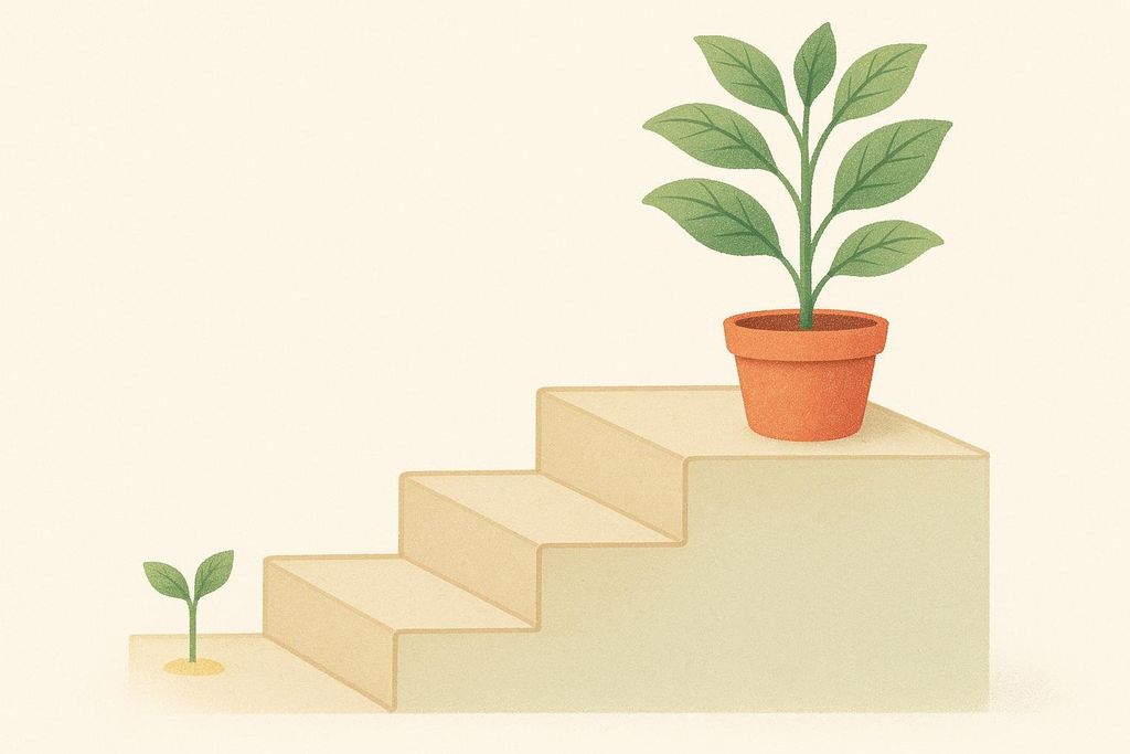 An illustration showing a small sprout at the bottom of a three-step staircase, and a fully grown plant in a pot at the top of the stairs, symbolizing gradual growth or progress.
