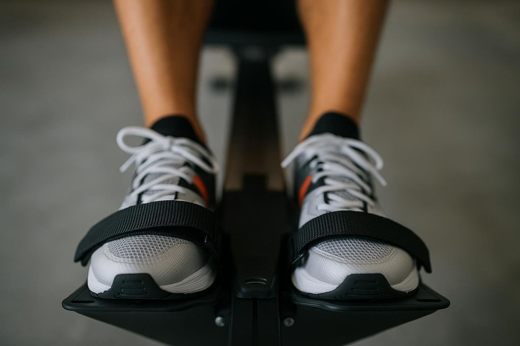 Close-up of rowing shoes, white with black and orange accents, strapped into the black foot stretchers on a rowing machine. The bare shins of the person are visible above the shoes.