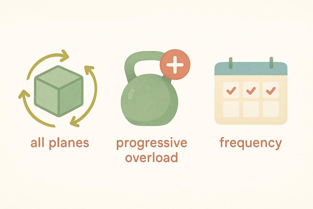 Three icons representing core training principles: 'all planes' shown by a cube with arrows, 'progressive overload' by a kettlebell with a plus sign, and 'frequency' by a calendar with checkmarks.