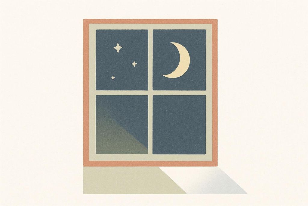 A stylized illustration of a window at night, with a crescent moon and stars visible outside.
