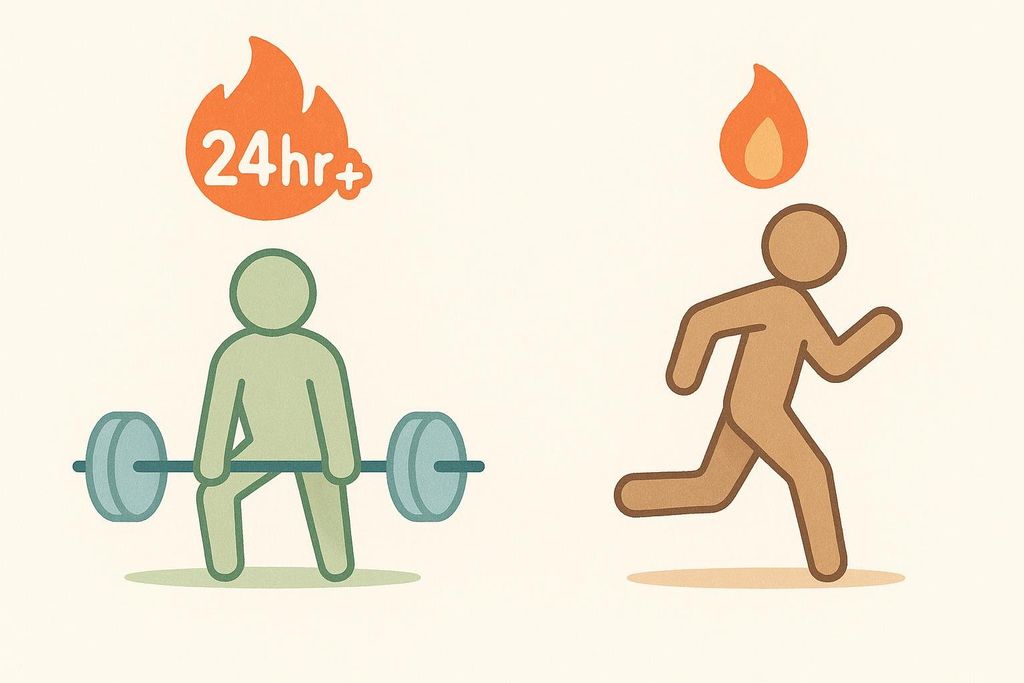 An illustration comparing the calorie burn of strength training versus cardio exercise. On the left, a green figure lifts weights with a flame icon above, labeled '24hr+'. On the right, a brown running figure has a smaller, temporary flame icon above their head, symbolizing a shorter calorie burn.