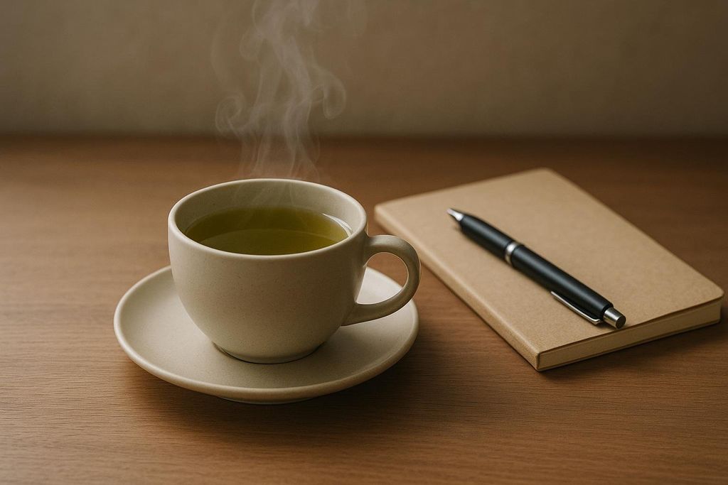 A steaming cup of green tea sits on a light-colored saucer next to a simple brown notebook with a black pen resting on it, all on a wooden table.