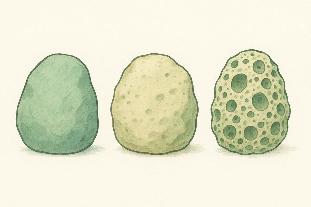 An illustration showing three egg-shaped objects, representing different bone densities. The first is smooth and green (normal bone), the second is slightly pitted and yellow-green (osteopenia), and the third is heavily pitted with large holes and green (osteoporosis).