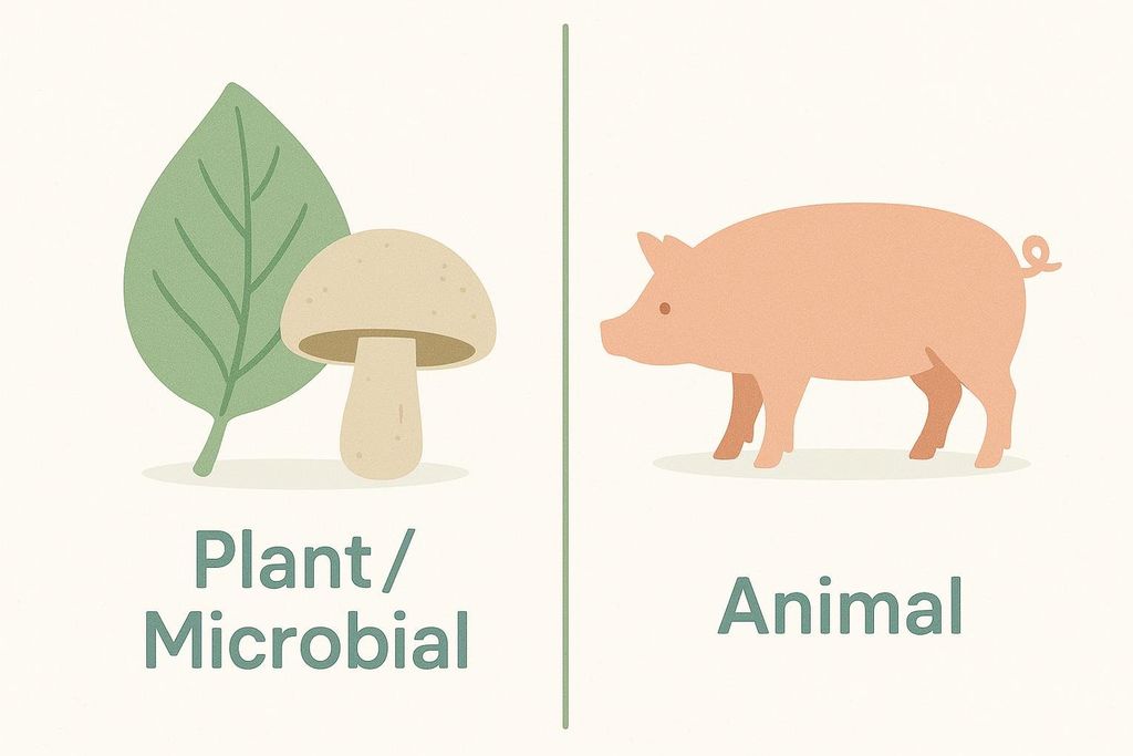 An illustration comparing plant/microbial-based ingredients with a leaf and mushroom, against animal-based ingredients represented by a pig.