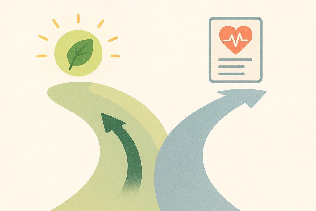 Illustration of two paths: wellness-focused body composition and medical diagnosis, representing different DEXA uses.