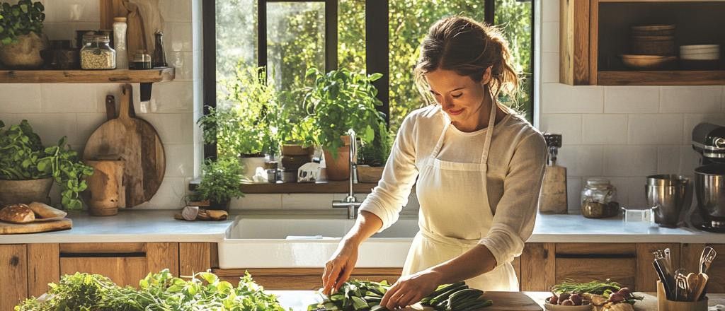 A smiling woman in a white apron chops green vegetables on a wooden cutting board in a bright, sunny kitchen filled with plants.