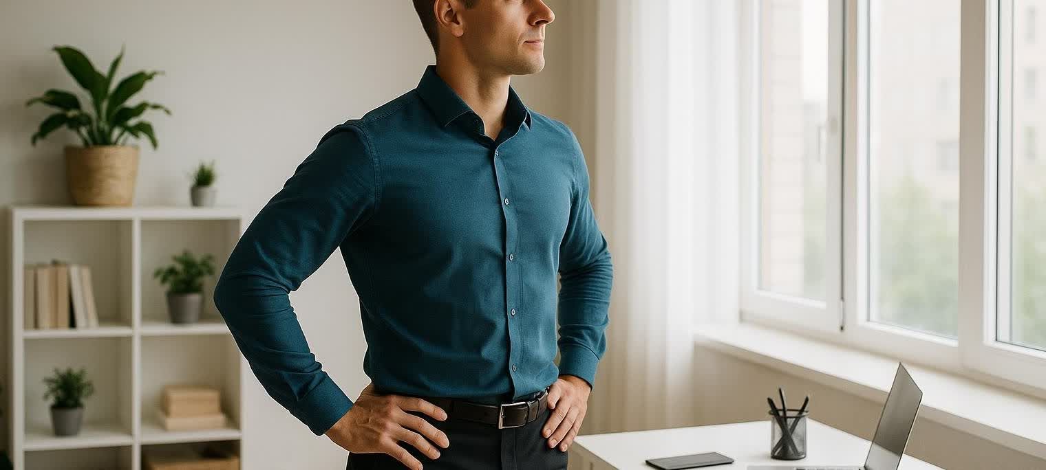 A man in a teal button-up shirt and black pants stands with hands on hips, looking out a window in a modern office. A laptop and phone are on the desk beside him, and a bookshelf with plants is behind him.