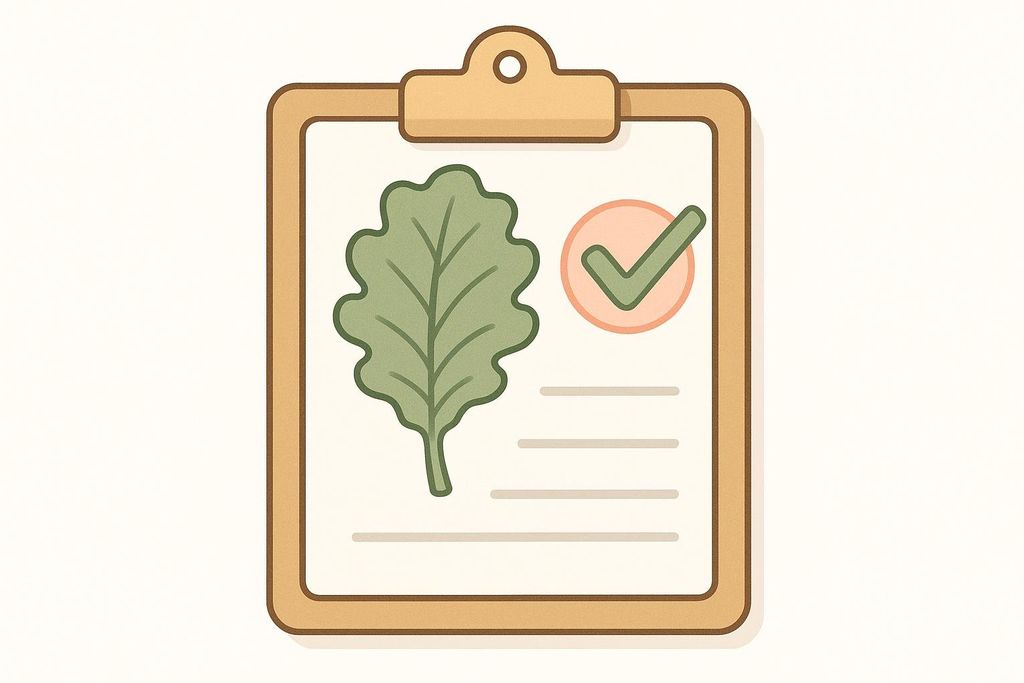 An illustration of a clipboard with a checkmark and a fresh kale leaf, representing a nutritional scoring system.