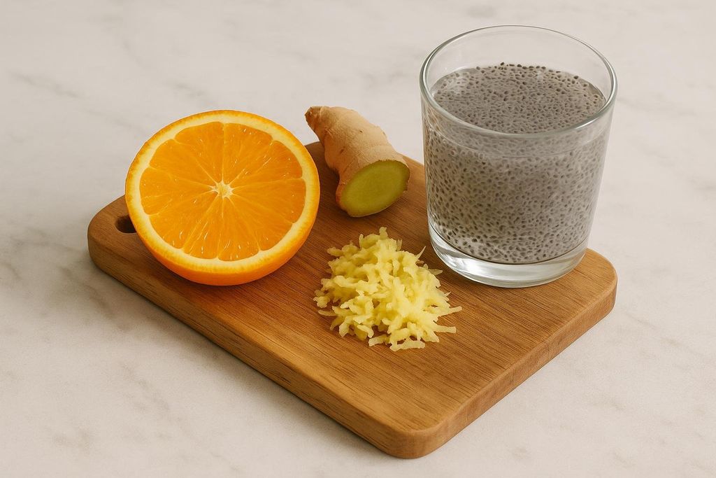 Ingredients for citrus-ginger chia seed water are displayed on a wooden cutting board: half an orange, a knob of ginger, a pile of grated ginger, and a glass filled with chia seeds soaking in water.