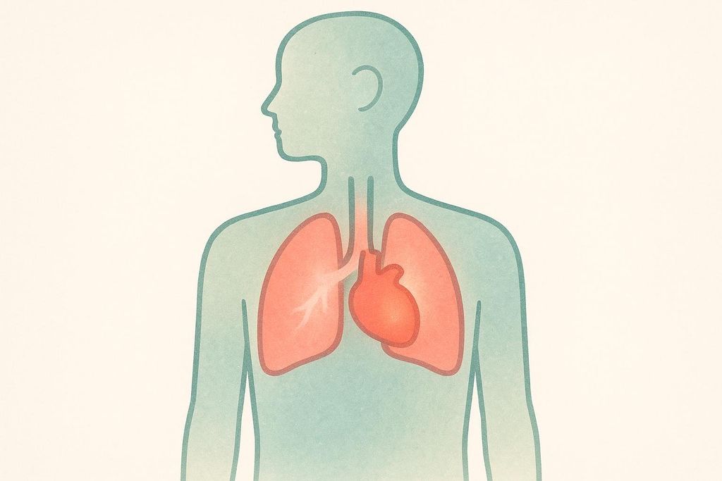 An illustration showing the human body with the heart and lungs highlighted, indicating the systems most impacted by COVID-19.