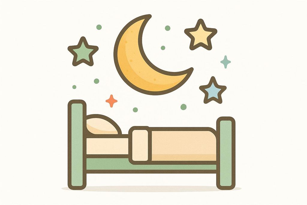 An iconographic drawing of a neatly made bed with a beige blanket and pillow, beneath a crescent moon and several stars, all representing sleep or bedtime.