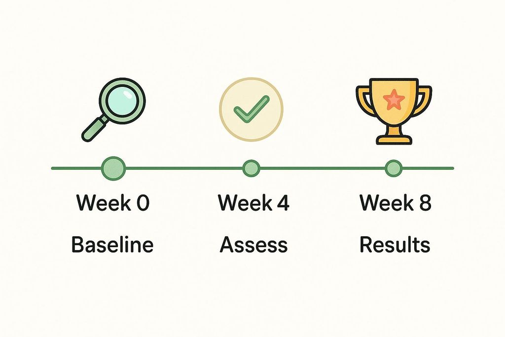 An 8-week timeline infographic showing key milestones for a body recomposition plan: baseline, assessment, and results.