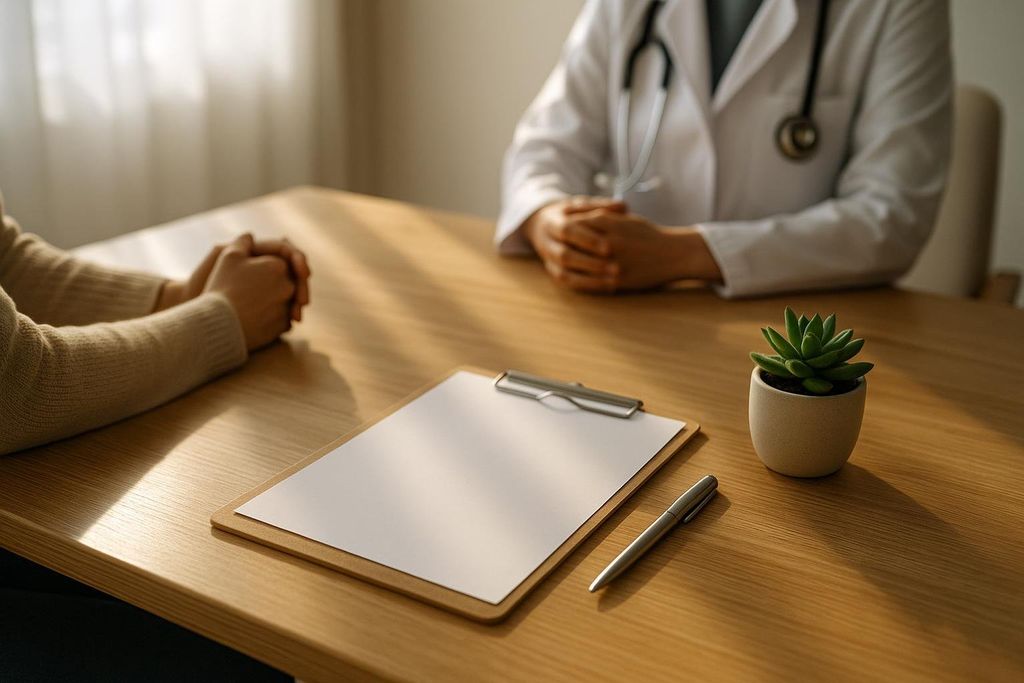A doctor in a white coat with a stethoscope around their neck sits across a desk from a patient. On the wooden desk, there is a blank clipboard, a pen, and a small potted succulent plant.