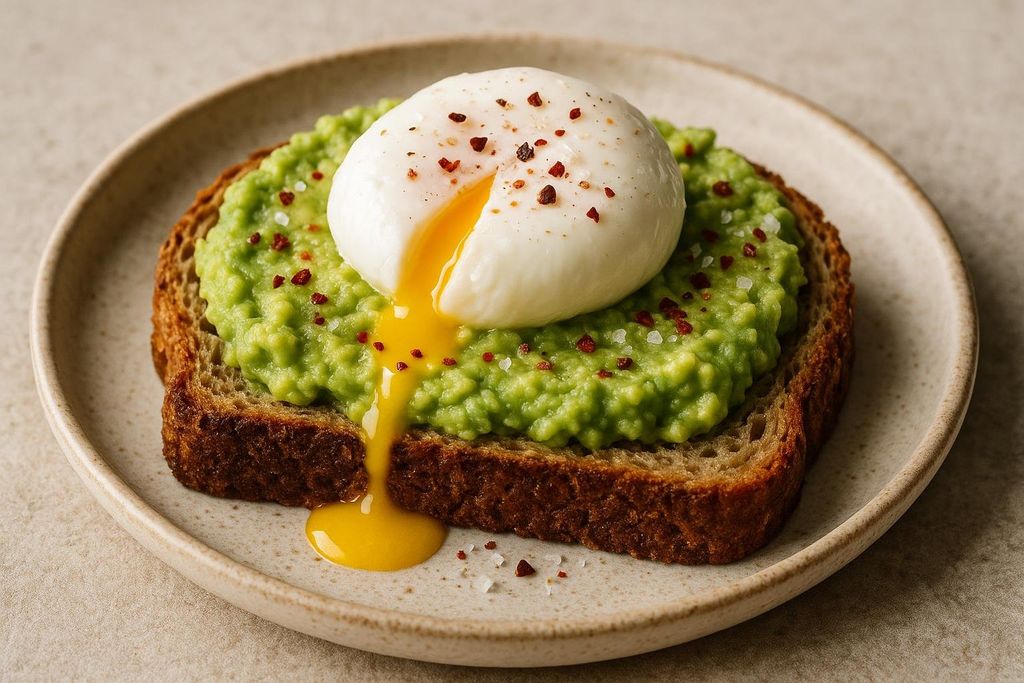 Avocado toast on a piece of dark bread, topped with a perfectly poached egg from which the runny yolk is spilling out. The dish is garnished with red pepper flakes and coarse salt.