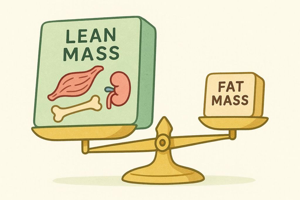 Illustration of a balance scale comparing the components of Lean Body Mass (muscle, bone, organs) with Fat Mass.