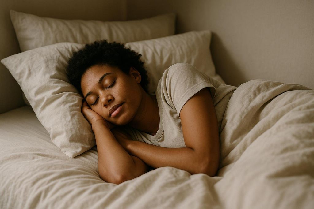 A young woman with dark curly hair is shown from the chest up, sleeping peacefully on her side in a bed with light-colored bedding. Her eyes are closed, and her hands are relaxed under her cheek.