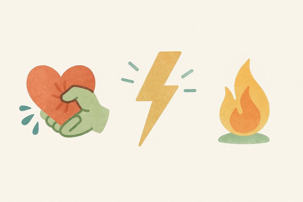 Three icons side-by-side illustrating different sensations: a hand clutching a red heart for a heart attack, a yellow lightning bolt for a panic attack, and a stylized flame for heartburn.