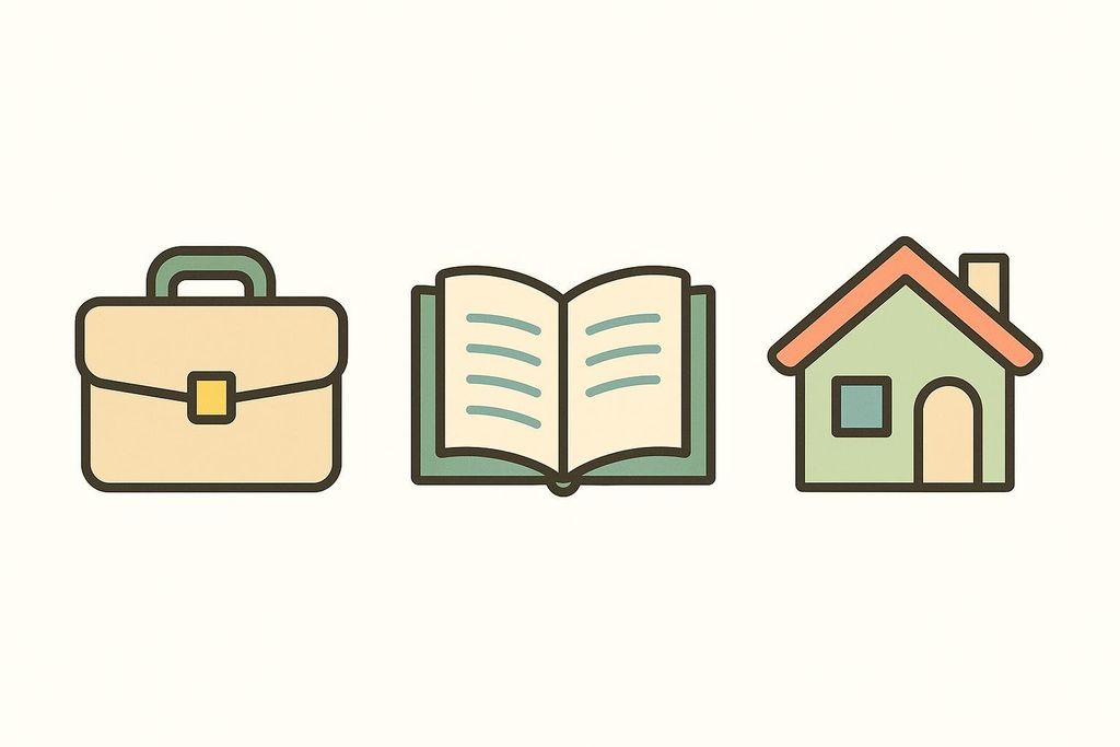 Icons representing lifestyle scenarios: a briefcase for work, an open book for education or learning, and a house for home or living.