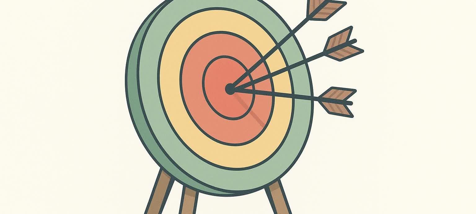 Stylized illustration of an archery target with three arrows landing perfectly in the center, symbolizing accuracy and precision.