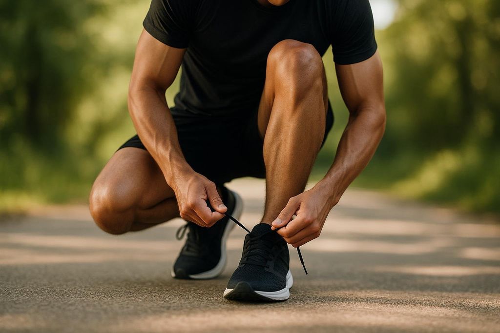 A man in athletic wear crouching on a paved path, tying the laces of his black running shoes. His muscular arms and legs are visible, and a blurred green background suggests an outdoor setting.