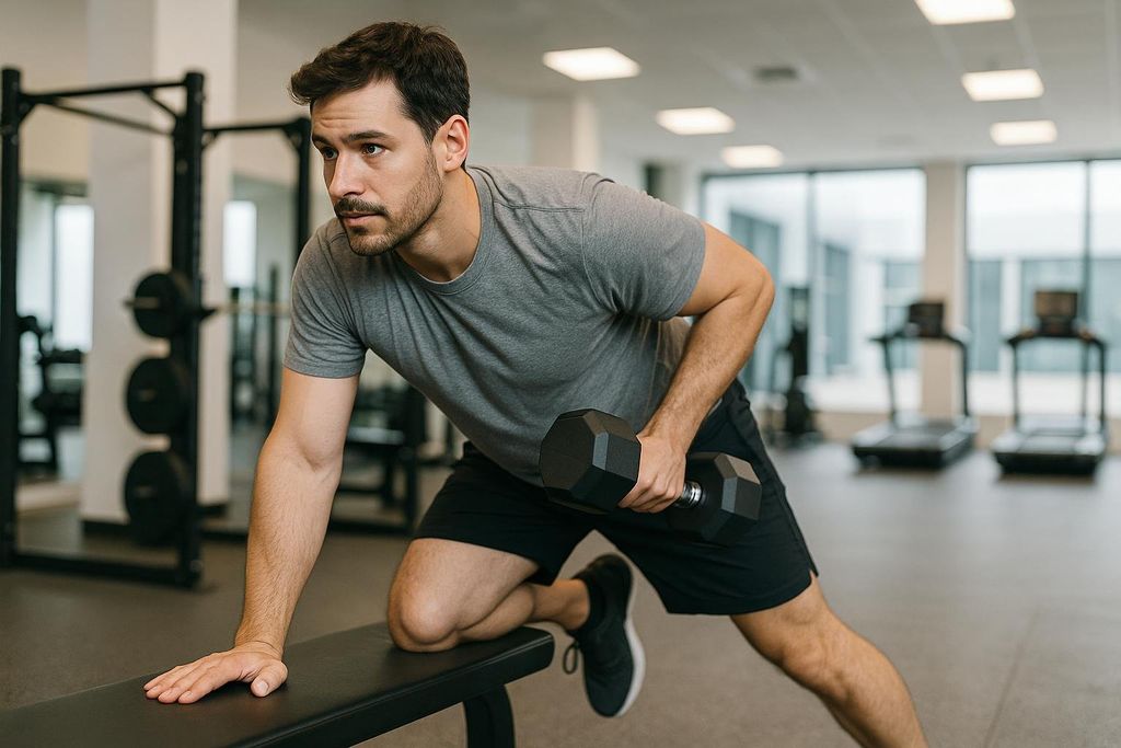 A man in a grey t-shirt and black shorts kneels on a weight bench, focusing intently as he performs a single-arm dumbbell row with a black dumbbell in a bright gym setting. His left hand is braced on the bench, and his right arm is executing the row.