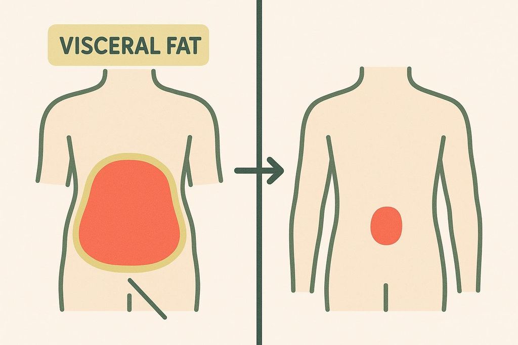 An infographic illustrating the reduction of visceral fat. The left side shows a torso with a large red area representing visceral fat in the abdominal region, labeled 'VISCERAL FAT'. An arrow points to the right side, which shows the same torso with a significantly smaller red dot, indicating a significant decrease in visceral fat.