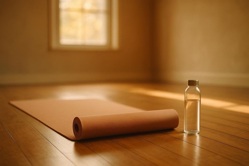 A neatly unrolled yoga mat and glass water bottle in a sunny, warm-toned studio space