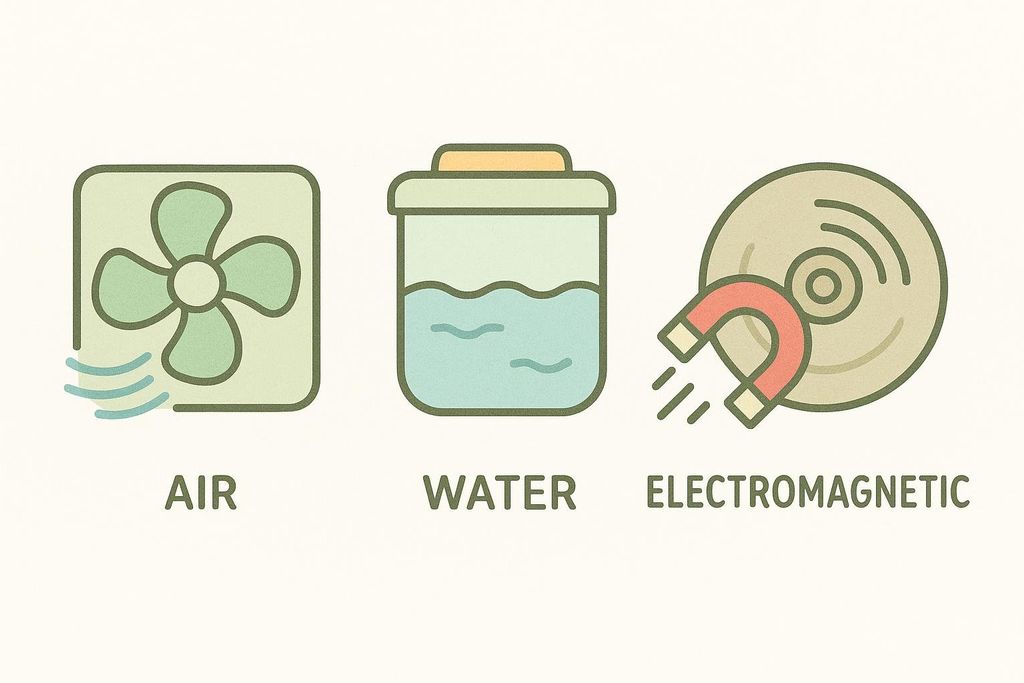 Three icons illustrating different types of resistance in rowing machines: a fan for air, a container with water for water resistance, and a horseshoe magnet with a disc for electromagnetic resistance. Each icon is labeled with its respective type: 'AIR', 'WATER', and 'ELECTROMAGNETIC'.