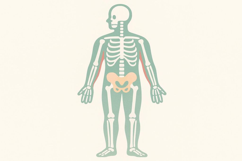An illustration of a human silhouette with a visible skeletal structure in light blue. The areas around the bones symbolizing muscle are outlined in a reddish-orange, and the pelvic bone is highlighted in a light peach color, representing different body compositions.