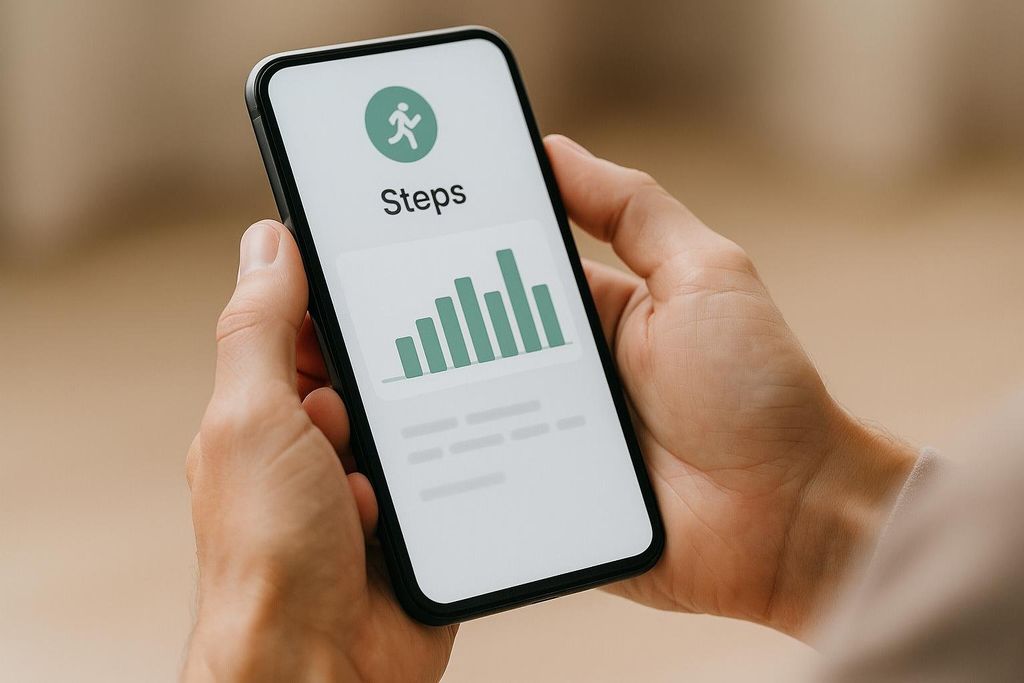 Hands holding a smartphone displaying a step count graph on the screen.