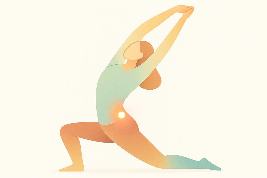 An illustration of a person in a low lunge yoga pose, stretching their arms overhead. A glowing orange and white circle indicates pain or focus in their front hip flexor area.