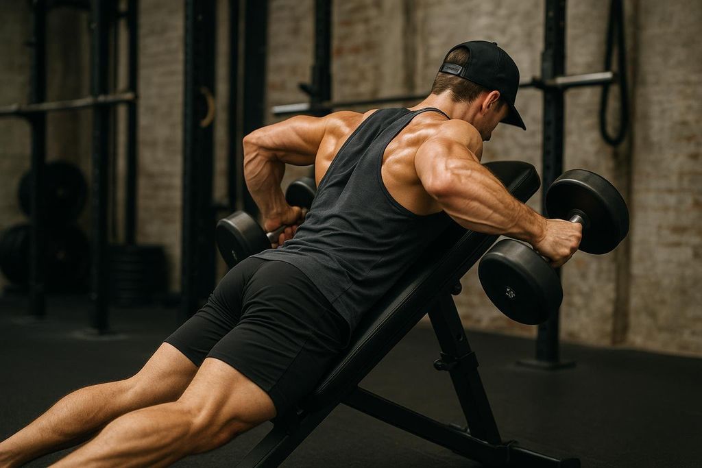 A muscular man in a black tank top and shorts performing a chest-supported incline row with dumbbells on a workout bench in a gym.