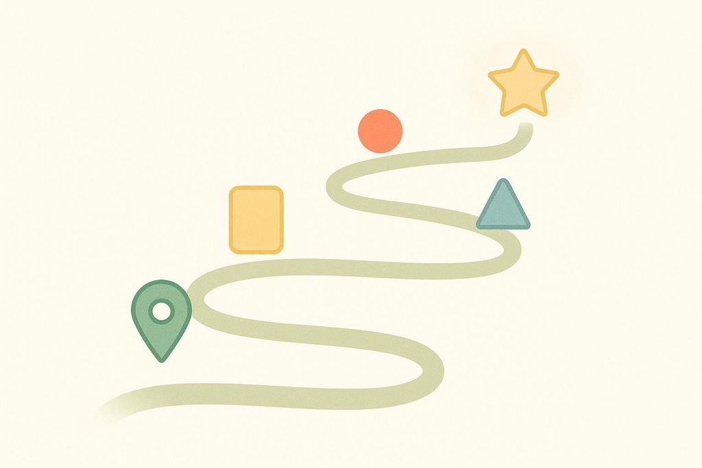 A stylized roadmap with four milestones represented by a location pin, a square, a circle, and a triangle, leading to a star at the finish.