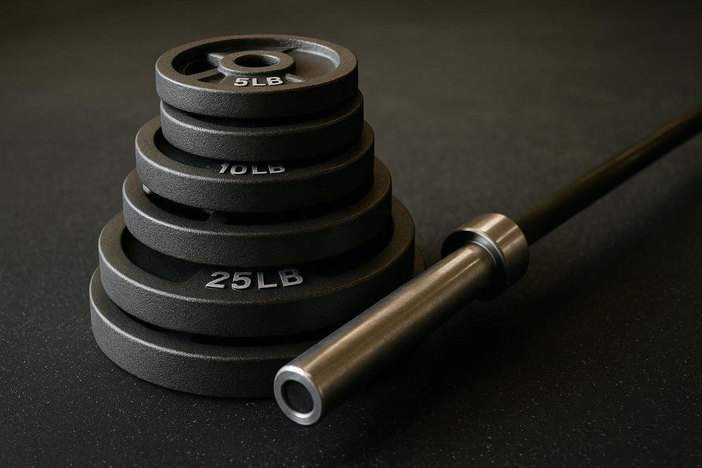 A stack of black barbell weight plates, ranging from 5lb to 25lb, next to a barbell, symbolizing progression in weightlifting.