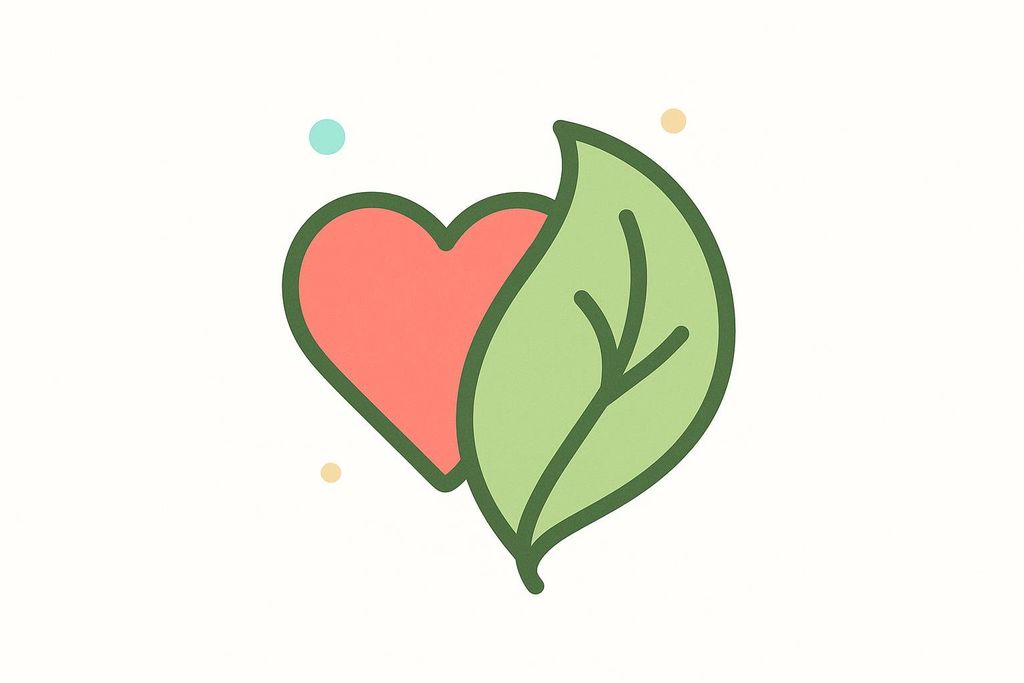 A stylized icon showing a red heart partially covered by a green leaf, with faint colorful dots in the background. This image symbolizes health, nature, and well-being.