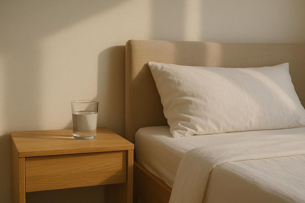 A glass of water sits on a wooden nightstand beside a bed with a beige headboard and a white pillow and sheets. Sunlight casts shadows on the light-colored wall behind.