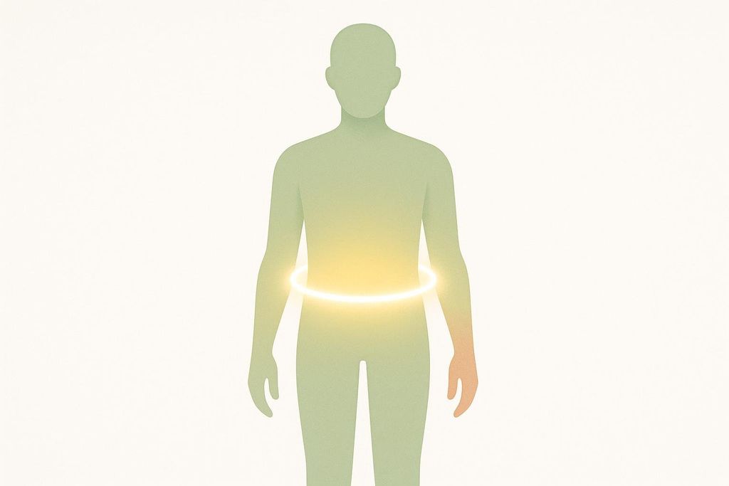An abstract illustration of a light green human silhouette facing forward, with a bright, glowing yellow-orange ring around its waist, symbolizing waist circumference as an important health marker.