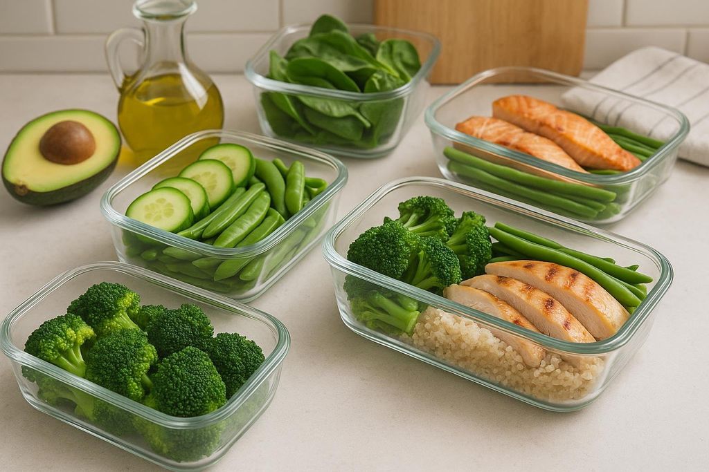 Multiple clear glass meal prep containers filled with various healthy foods. One contains steamed salmon fillets over green beans, another has grilled chicken slices with quinoa, broccoli, and green beans. Other containers hold fresh spinach, sliced cucumbers and snap peas, and broccoli florets. An avocado half and a bottle of olive oil are also visible on a white countertop.