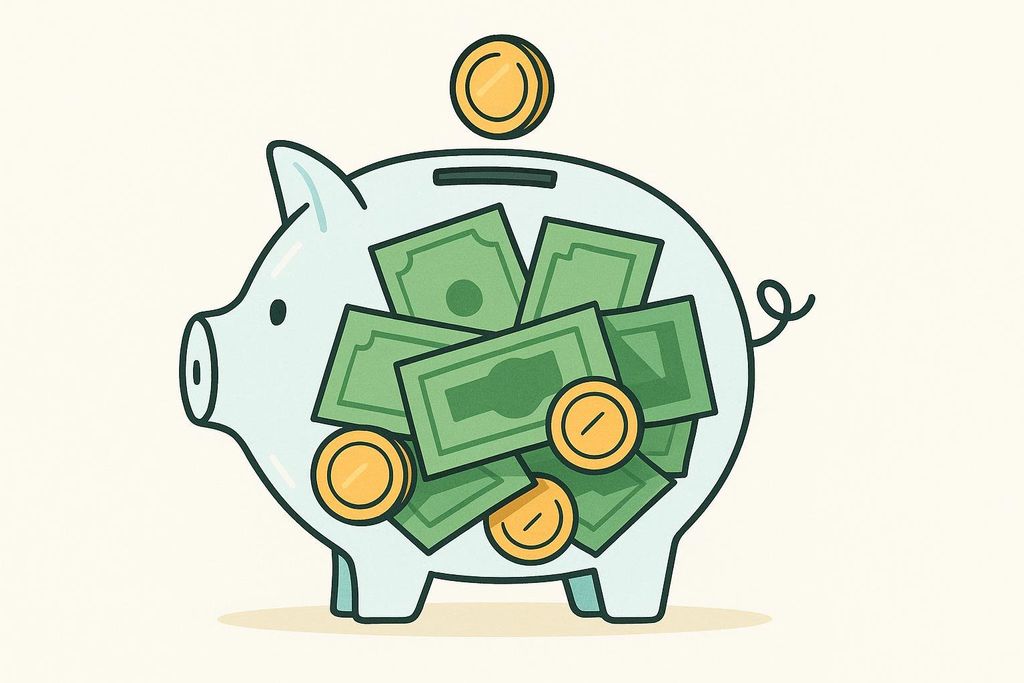 Illustration of a light blue piggy bank filled with green banknotes and gold coins. One gold coin is seen dropping into the piggy bank from above.