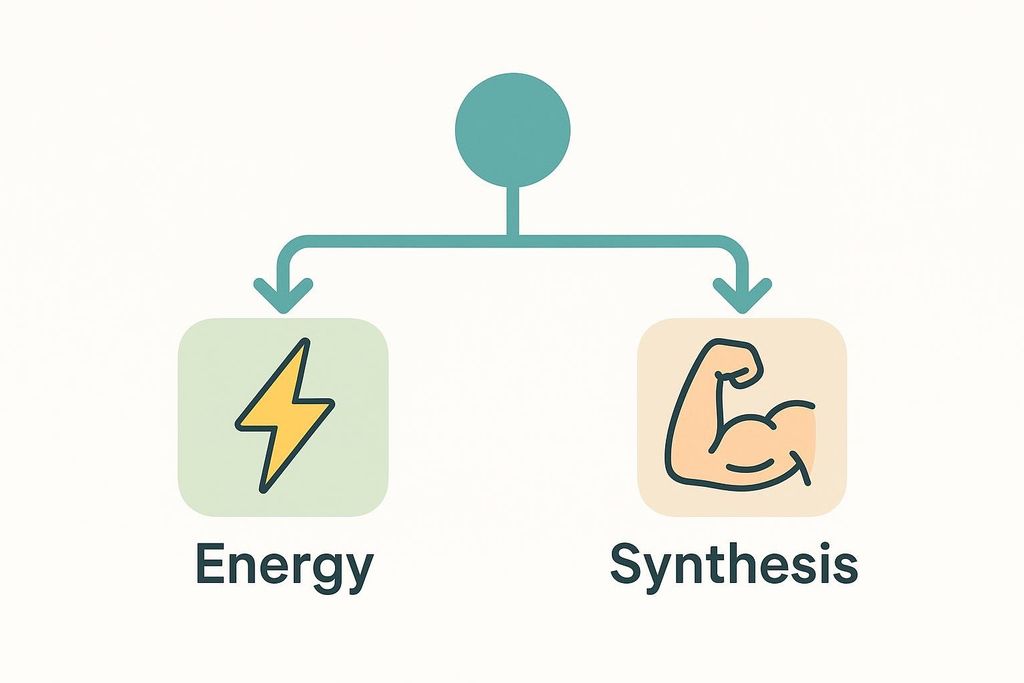 A diagram showing a central node branching into two paths. The left path leads to a green square with a lightning bolt icon and the word 'Energy'. The right path leads to a peach-colored square with a flexing arm icon and the word 'Synthesis'.