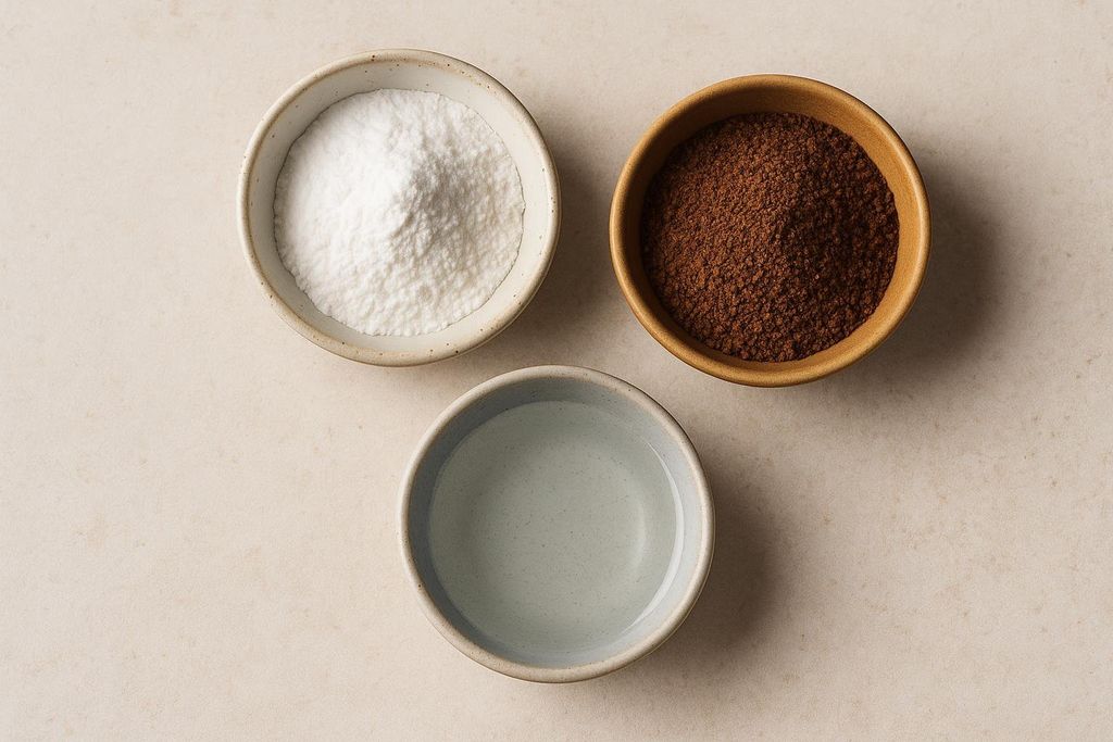 Three small bowls arranged in a triangle on a light tan surface. The top left bowl contains a white powdered sugar substitute. The top right bowl contains a brown granulated sugar substitute. The bottom bowl contains clear colorless liquid.