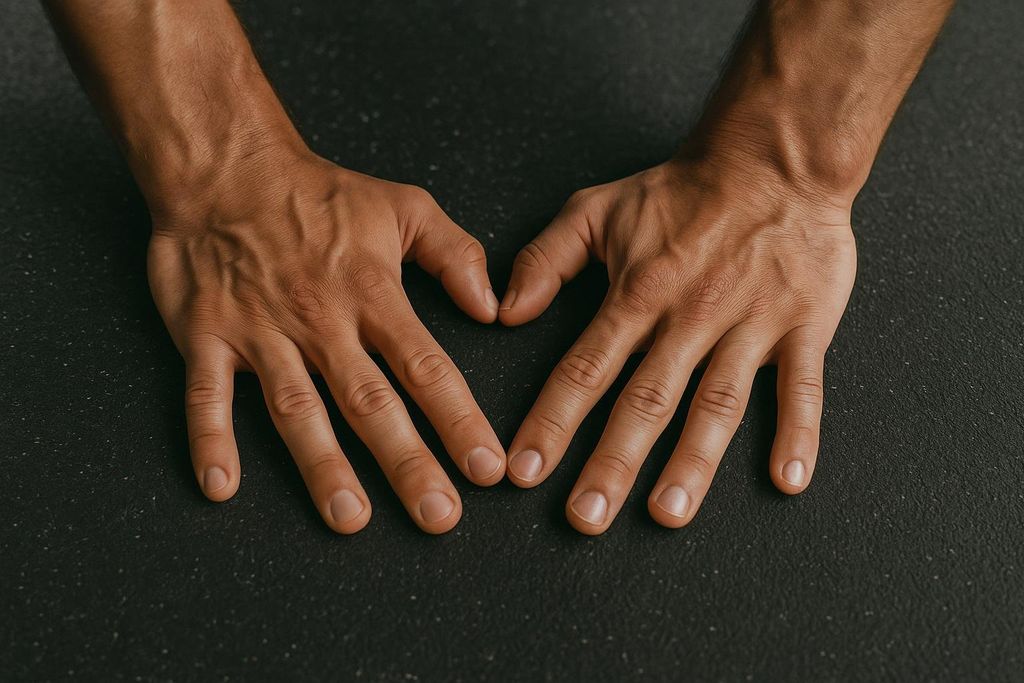 Close-up of two hands with visible veins, forming a diamond shape with their thumbs and index fingers on a speckled dark gray gym mat. This hand position is often used for diamond push-ups.